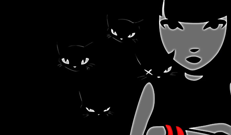 Run and Don't Look Back., red, black, strange, punk, comic, gothic, emily, white, cats, HD wallpaper