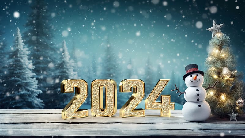 Happy New Year!, blue, snowman, craciun, christmas, 2024, deco, card, new year, golden, HD wallpaper
