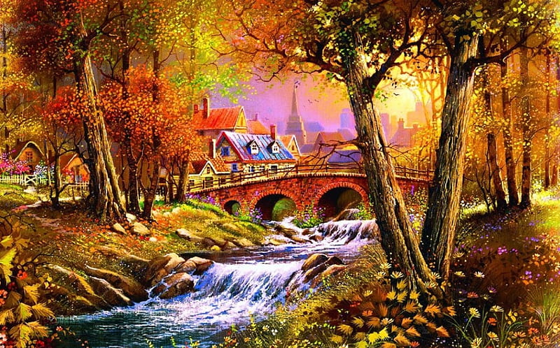 Bridge over the Creek, forest, house, painting, flowers, trees, artwork ...