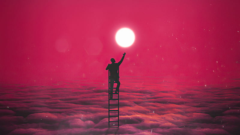 Climbing The Ladder To Touch The Moon, moon, artist, artwork, digital-art, HD wallpaper