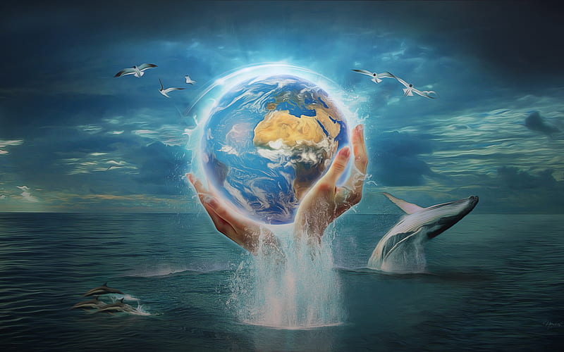 Heal the World, Earth, gulls, ocean, hands, dolphins, wale, HD wallpaper