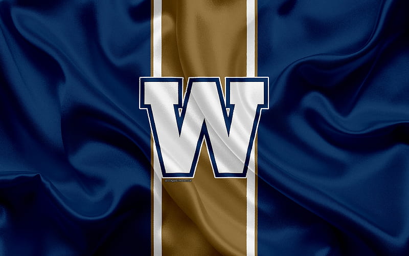 Winnipeg Blue Bombers logo, silk texture, Canadian football team, CFL, emblem, blue brown silk flag, Winnipeg, Manitoba, Canada, Canadian Football League, HD wallpaper