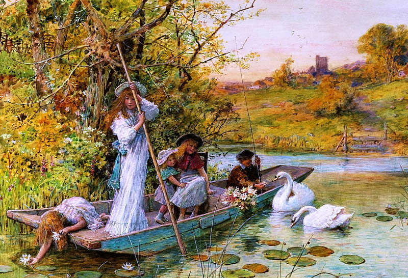 summer-art-copii-children-swan-lake-boat-bird-painting-pictura