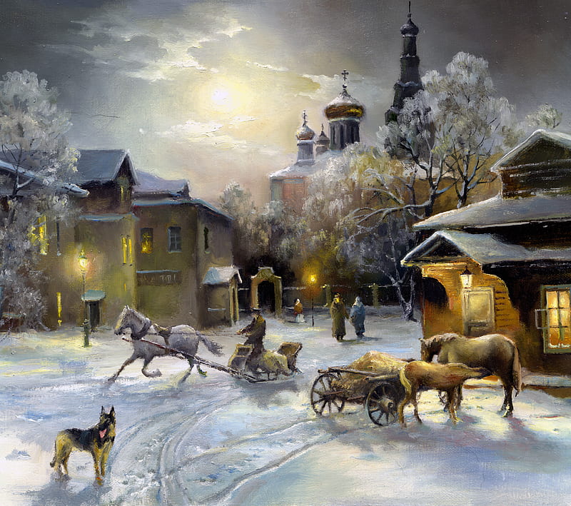 Church, france, horse, painting, snow, village, winter, wolf, HD wallpaper