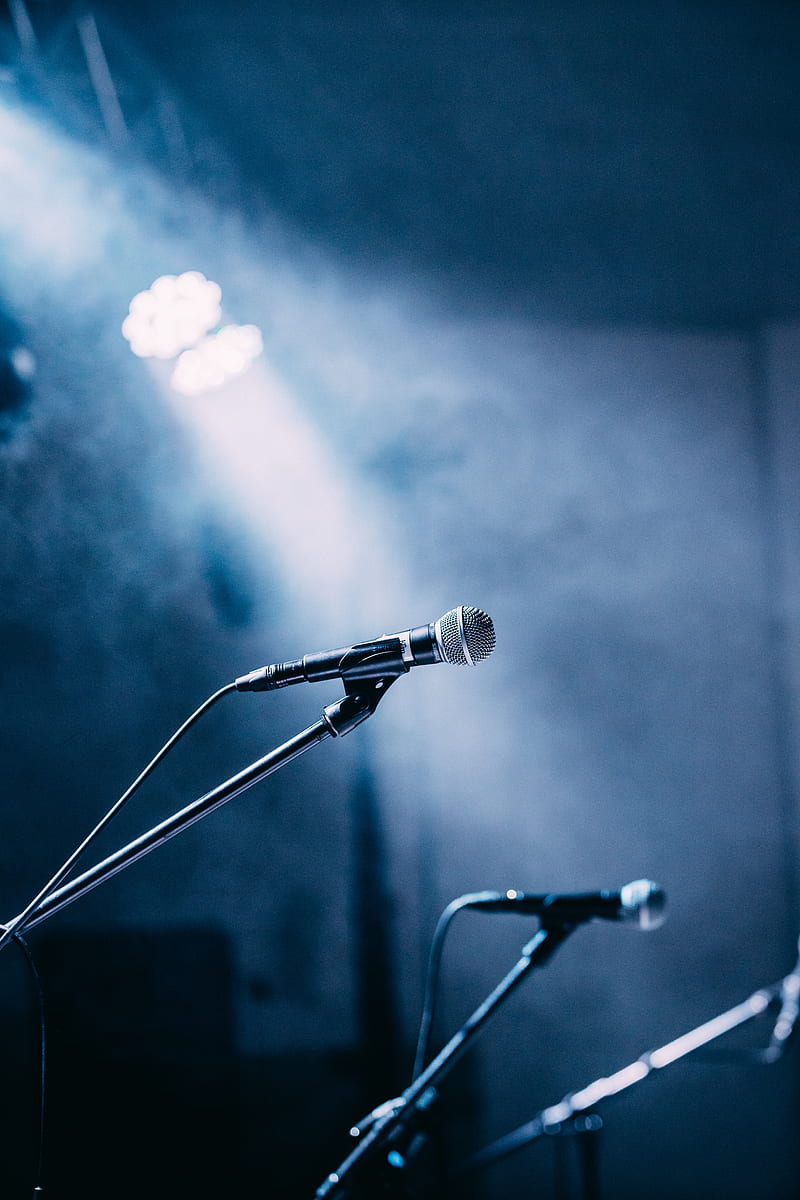 microphones, stage, spotlights, light, fog, HD phone wallpaper