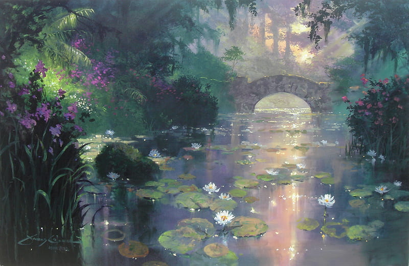 Bridge Over Silent Water, art, water, lotus, fantasy, luminos, bridge, sunset, james coleman, HD wallpaper