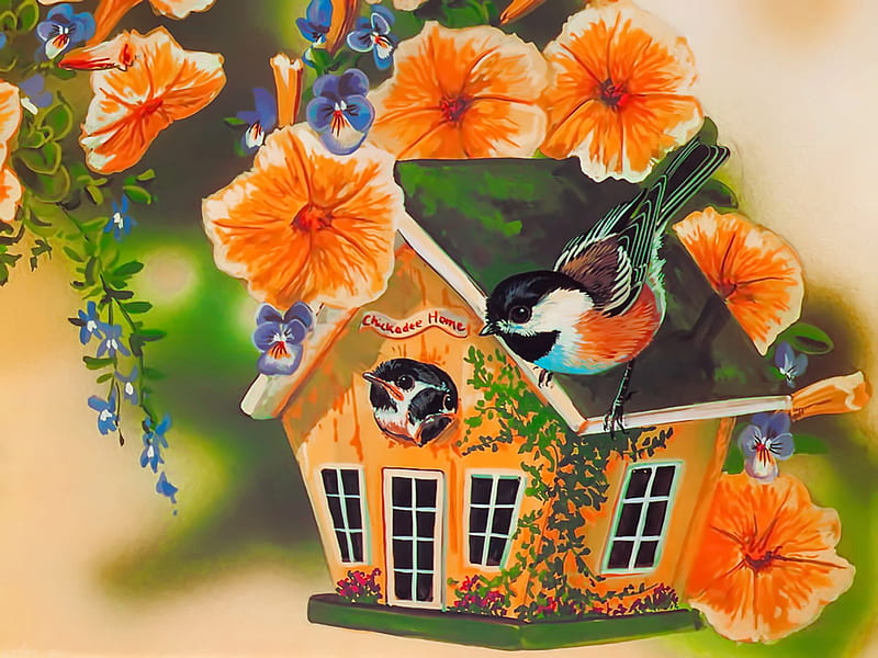 Cute little songbirds, art, songbirds, spring, adorable, bonito, sweet, cute, painting, birdhouse, flowers, HD wallpaper
