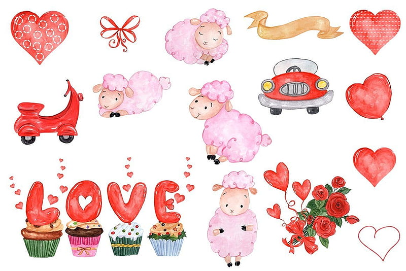 Happy Valentine's Day!, pink, card, word, pattern, red, valentine, sheep, balloon, heart, love, texture, paper, HD wallpaper