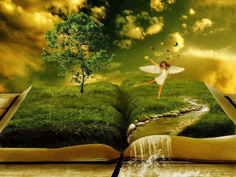 Fairy and fairy tale books, tale book, dancing butterflies, trees, happy, fantasy, waterfall, fairy tales, green grass, fairy, HD wallpaper