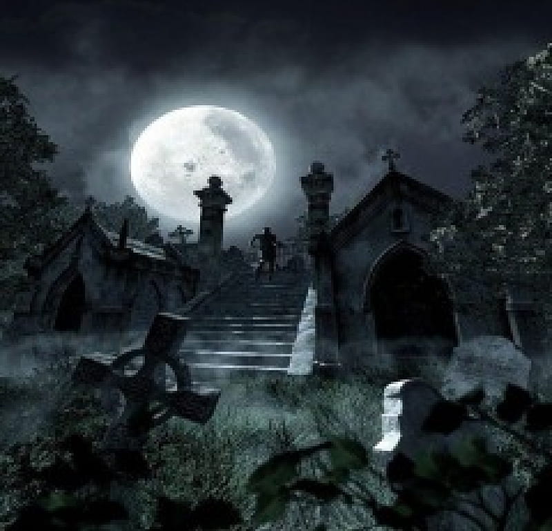 The Graveyard At Night, Crypts, moon, halloween, figure, tombstones, HD wallpaper