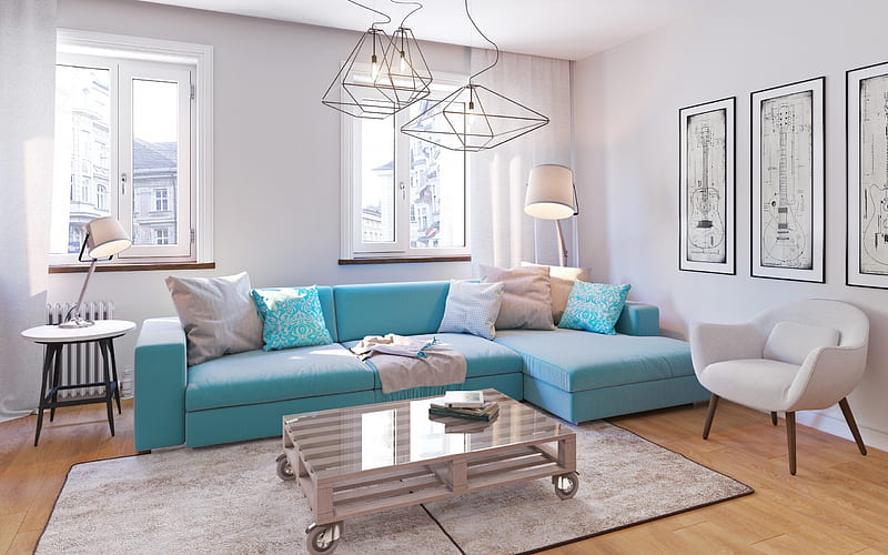 living room, modern design, stylish interior, bright living room, blue sofa, HD wallpaper