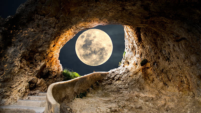 Full Moon Between The Gap Of Rock Arch During Nighttime Nature, HD wallpaper