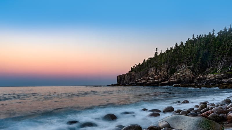 Boulder Beach, Acadia National Park, Bar Harbor Maine, usa, coast, sunset, lighthouse, pacific, ocean, stones, HD wallpaper