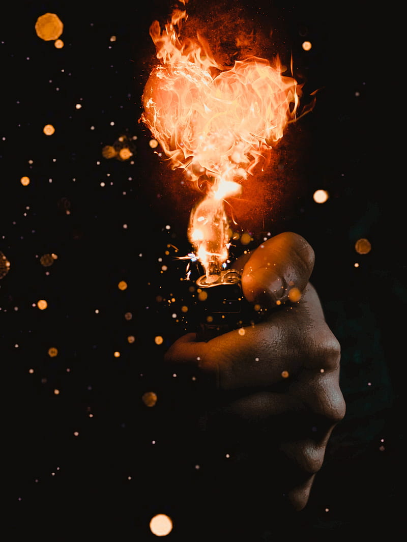 Heart On Fire, GEN_Z__, Heart, black, bokeh, burning, collage, digital, digitalmanipulation, fiery, fire, flames, force, hand, hot, light, lighter, love, man, manliness, orange, passion, manipulation, power, sparks, yellow, HD phone wallpaper
