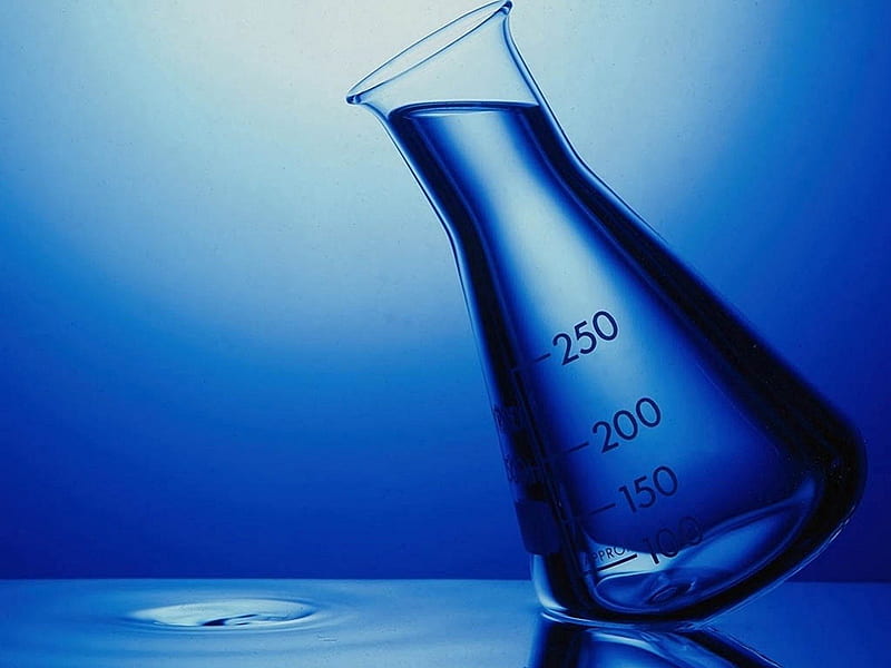 Blue Leaning Beaker, glass, leaning, liquid measurement, science, chemistry, HD wallpaper