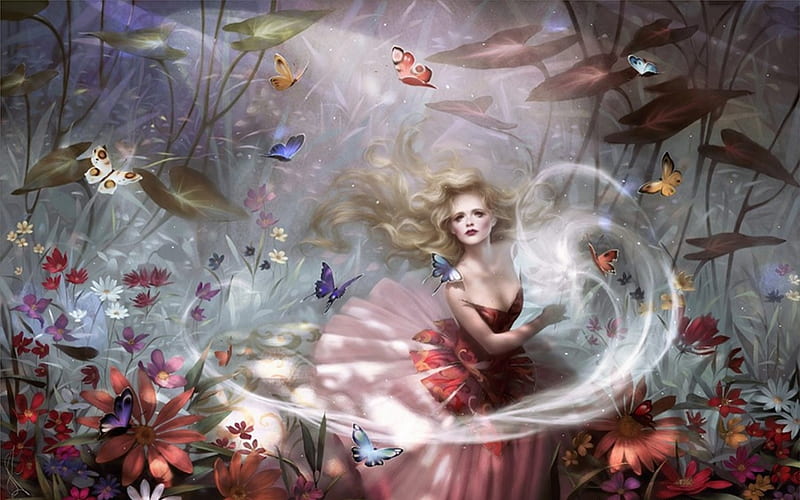 Fairy of the Forest, red, fantasy woman, dress, fairy dust, bonito, magic, woman, spell, fantasy, beauty, fairy, female, wings, blonde hair, butterflies, abstract, plants, magical, garden, lady, HD wallpaper