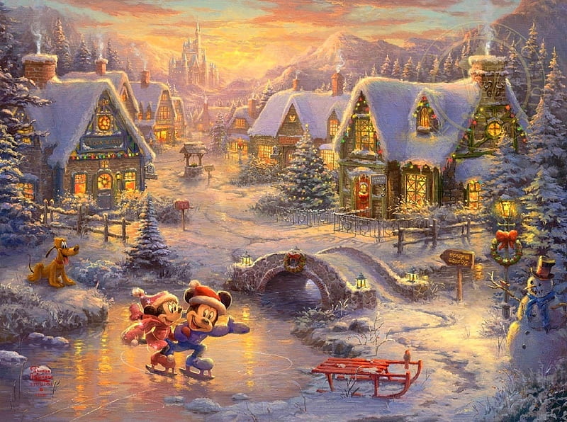 Sweetheart Holiday, Christmas, cottages, Disney, holidays, love four seasons, Mickey Mouse, Christmas Trees, Minnie Mouse, attractions in dreams, snowman, xmas and new year, winter, paintings, snow, skating, HD wallpaper