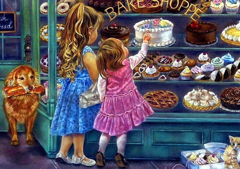 Bake Shoppe, cake, sweets, shop window, painting, girls, artwork, kids, vintage, HD wallpaper