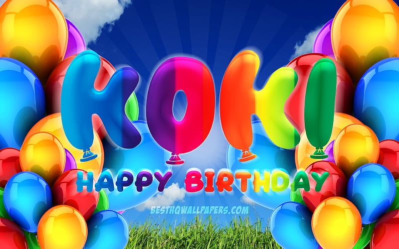 Koki Happy Birtay cloudy sky background, female names, Birtay Party, colorful ballons, Koki name, Happy Birtay Koki, Birtay concept, Koki Birtay, Koki, HD wallpaper