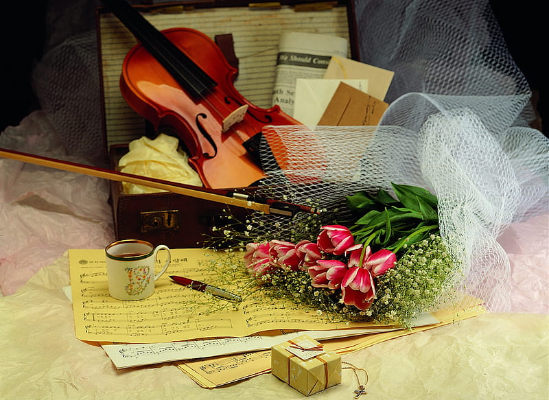 Still Life, pretty, newspaper, bonito, cup of tea, tea, graphy, flowers, beauty, musical notes, tulips, tulip, violin, lovely, romantic, romance, music, pen, letters, cup, nature, HD wallpaper