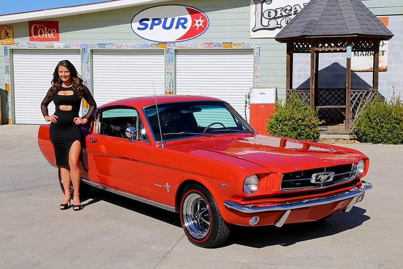 1965 Ford Mustang Fastback 289 A Code and Girl, Ford, Red, Muscle, 289, Fastback, A Code, Old-Timer, Mustang, Car, Girl, HD wallpaper