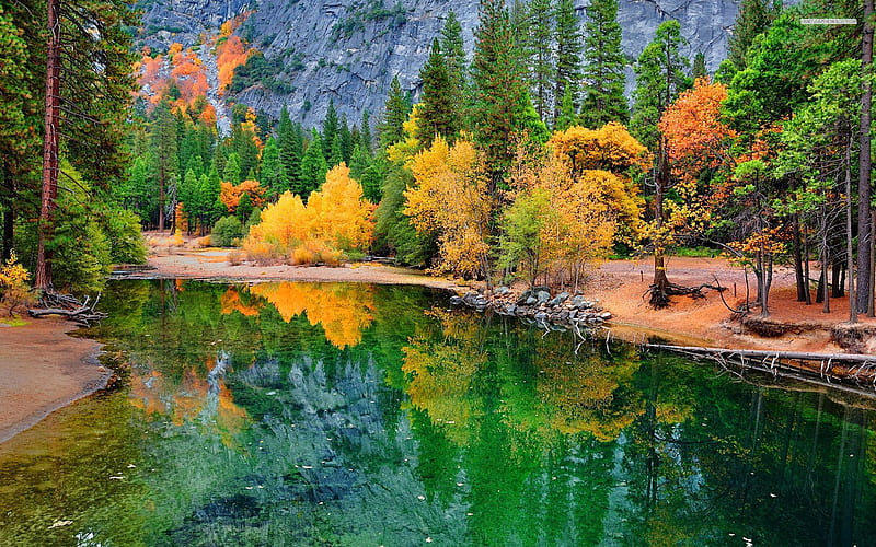 Yosemite River at Fall, autumn, california, mountains, colors, season, trees, HD wallpaper