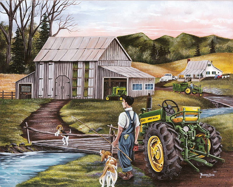 Poor Boy,s Farm, stream, drive shed, house, barn, farm, roads, farmer, bridge, path, fields, dogs, HD wallpaper