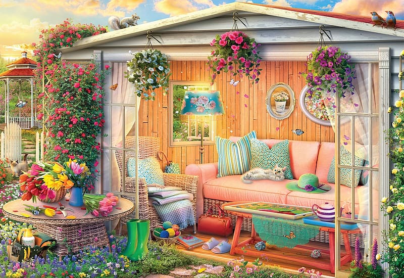 Escape to the Shed, table, cozy, sofa, garden, flowers, spring, tulips, pillows, painting, HD wallpaper