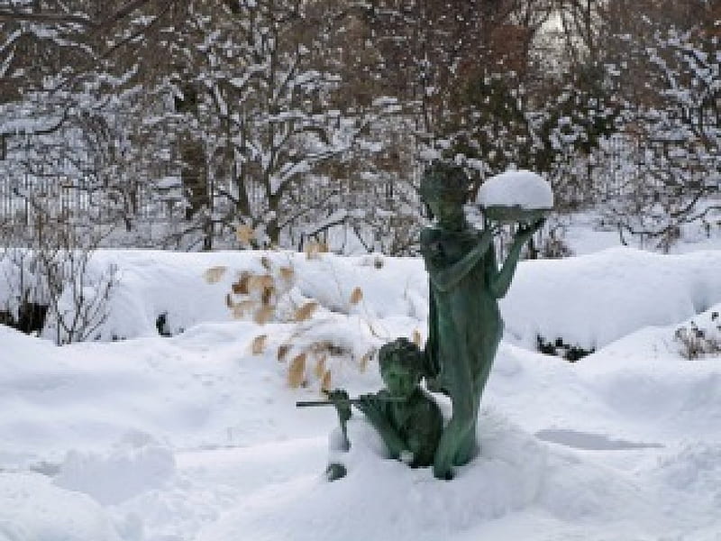 winter garden, statue, snow, flute, garden, winter, HD wallpaper