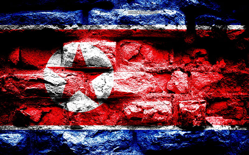 Empire of North Korea, grunge brick texture, Flag of North Korea, flag on brick wall, North Korea, flags of Asian countries, HD wallpaper