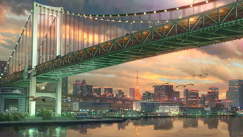 anime city, bridge, cityscape, buildings, reflection, scenery, Anime, HD wallpaper
