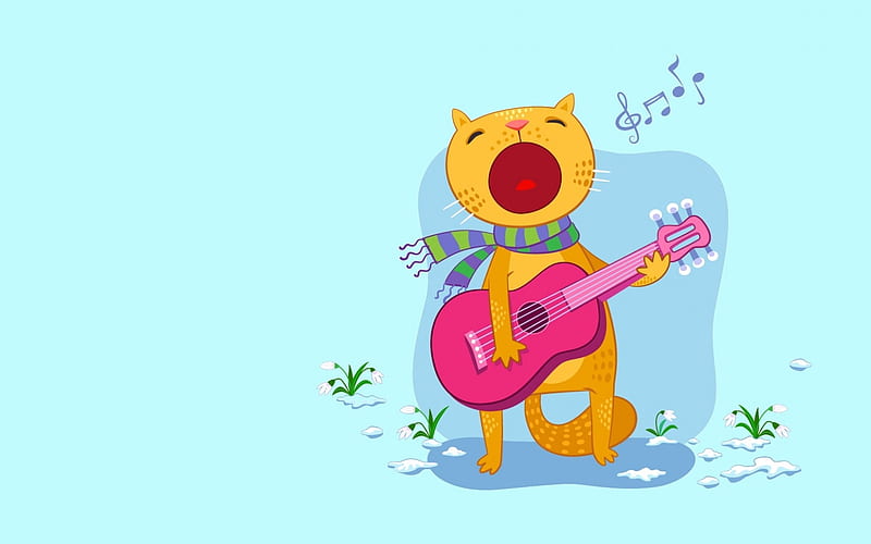 Spring serenade, orange, spring, cat, instrument, fantasy, guitar, serenade, funny, pink, pisica, blue, HD wallpaper