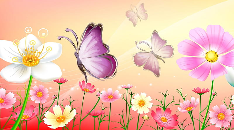 Summer Fields, wild flowers, cosmo, summer, flowers, spring, soft, butterflies, Firefox Persona theme, HD wallpaper