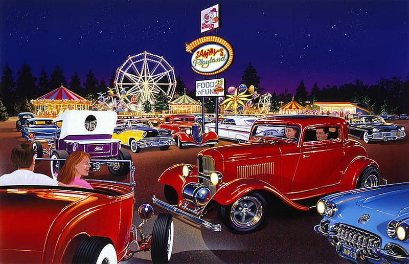 Sammy's Playland, retro, carros, fair, painting, ferris wheel, vintage, HD wallpaper
