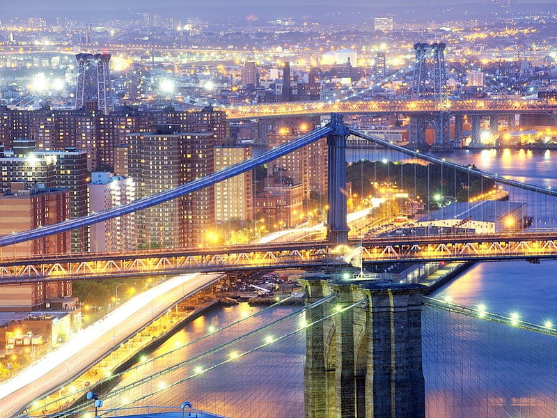 Brooklyn Bridge, new york, brooklyn, bridges, manhattan, lights, exposure, city, usa, night, HD wallpaper