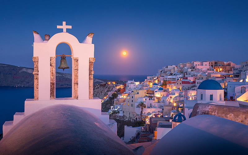 Santorini, Greek Church, Oia, evening, sunset, white houses, Greece, Aegean Sea, romantic cities, HD wallpaper