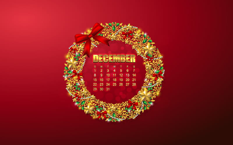 December 2019 Calendar, red background, Christmas frame, Christmas golden ornament, New Year, December 2019, calendar, HD wallpaper