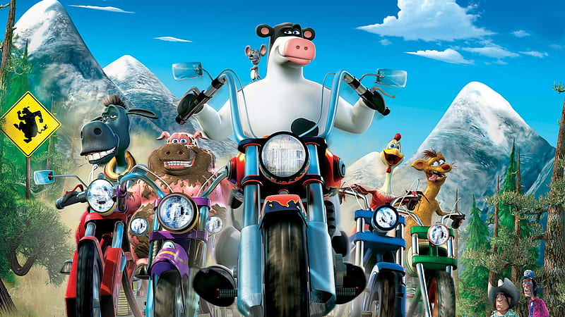 Barnyard (2006), cow, movie, animation, barnyard, motorcycle, animal, blue, HD wallpaper