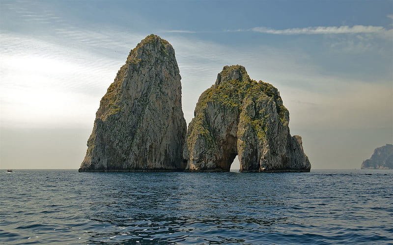 capri, sea, rocks, wave, naples, two rocks, italy, campania, tyrrhenian sea, HD wallpaper