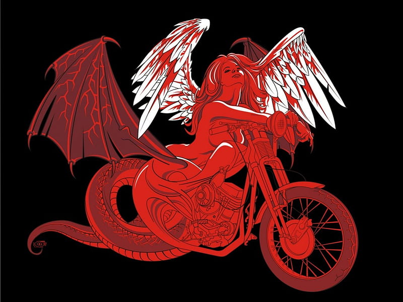 A Little Heaven - A little Hell, bloody, wings, tail, angel, winged, motorcycle, blood, fallen, demon, bike, HD wallpaper