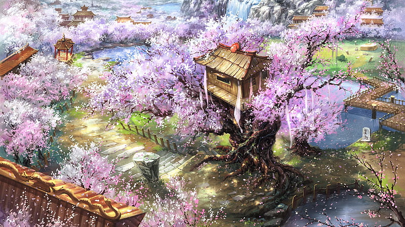 fantasy tree house, jigsaw, fantasy, tree, purple, puzzle, HD wallpaper