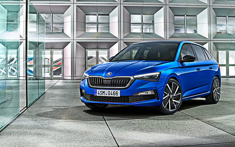Skoda Scala, 2019, blue hatchback, new blue Scala, Czech car, exterior, front view, Skoda, HD wallpaper