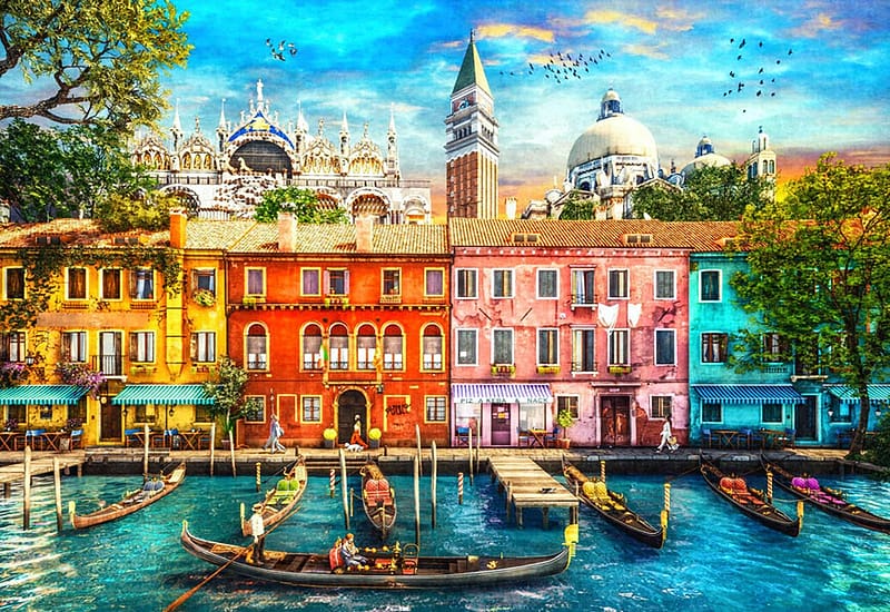 Waterways of Venice by Dominic Davison, artwork, canal, houses, boats, digital, HD wallpaper
