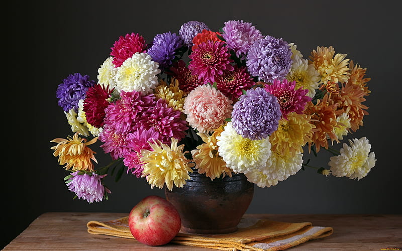 Asters and Apple, flowers, still life, apple, asters, HD wallpaper