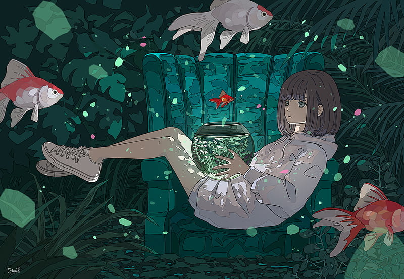 Anime, Original, Aquarium, Fish, Girl, Goldfish, Short Hair, HD wallpaper