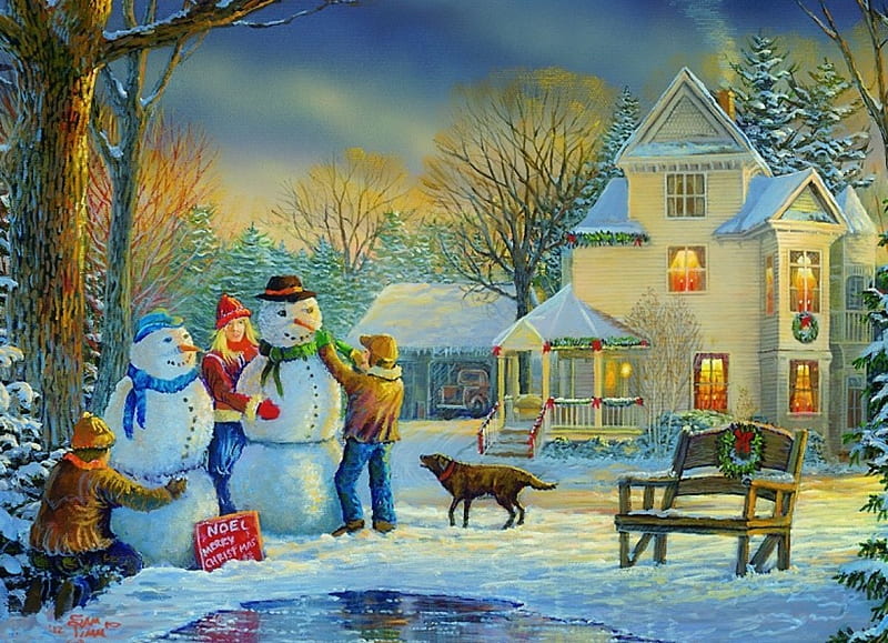 Making snowman, house, christmas, children, bonito, fun, joy, snowman, winter, countryside, peaceful, village, kids, frost, HD wallpaper