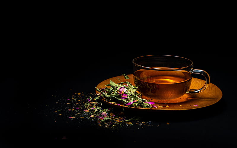 flower tea, black background, cup of tea, herbal tea, tea concepts, HD wallpaper