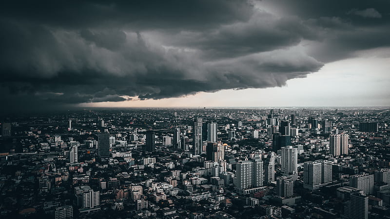 dark cloud above city buildings, HD wallpaper