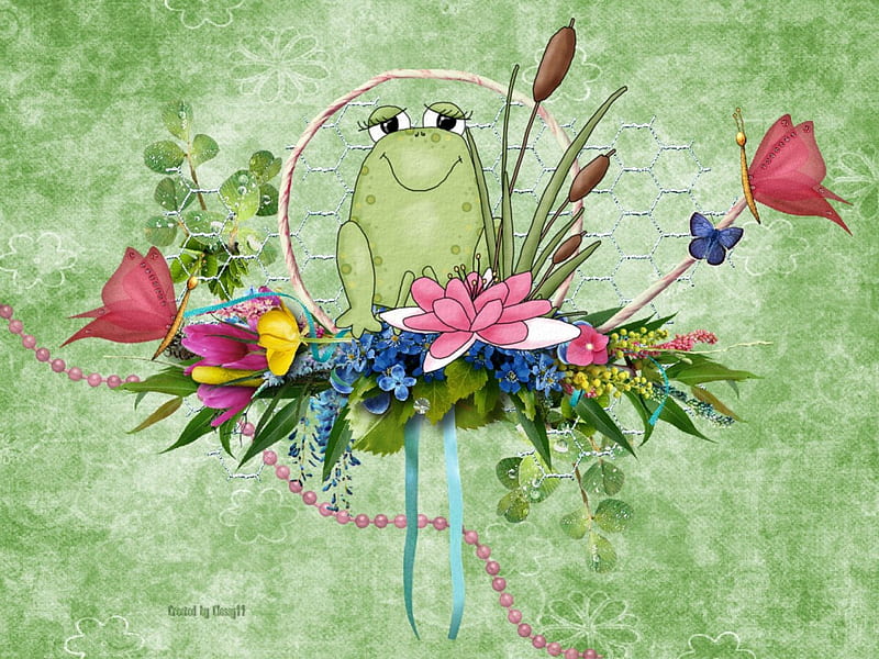 Froggy and His Lilly Pad, red, yellow, spring, cute, frog, fantasy, lilypad, green, purple, flowers, pink, blue, HD wallpaper