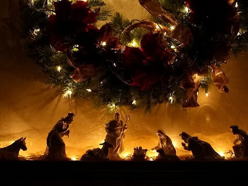 True meaning of Christmas, Christmas, wreath, birth, wise men, lights, HD wallpaper